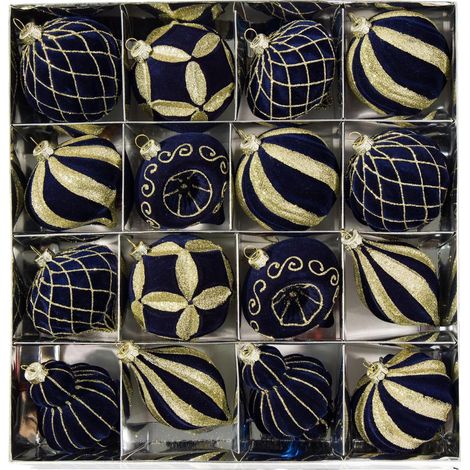 Lot de 16 boules de Noël velours bleu foncé, 8cm – paillettes dorées, décoration pour sapin et fêtes (1/2)