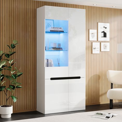 Vitrine avec éclairage LED, 4 portes battantes avec cloison en verre de sécurité, vitrine de salon avec façade brillante, vitrine de collection pour salon, salle à manger, chambre, blanche, 80×35×180c (1/5)