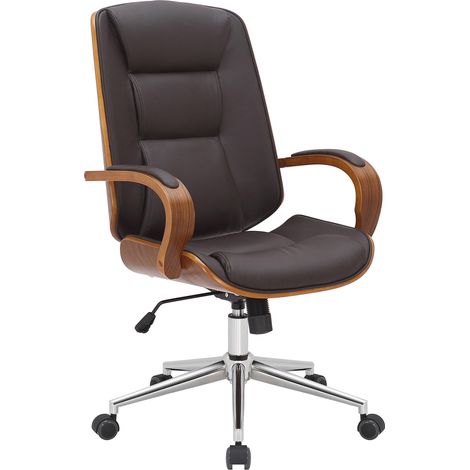 Sedia da ufficio con rotelle e braccioli in similpelle marrone struttura in legno curvato e metallo 100006979