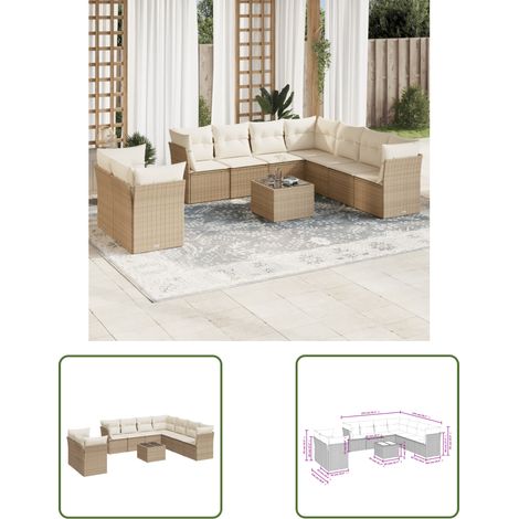 The Living Store 10-tlg. Garten-Sofagarnitur mit Kissen Beige Poly Rattan - Gartenmöbel Set - PE-Rattan Möbel - Outdoor Sofa - Esstisch - Lounge Garnitur (1/3)