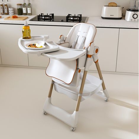 Silla alta plegable para bebé, bandeja desmontable, arnés de 5 puntos, PP blanco (1/5)