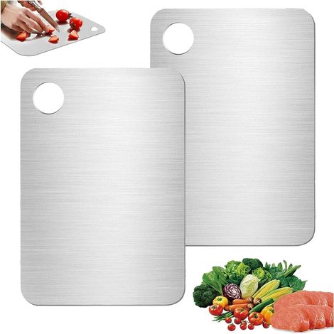 2 Pièces Planche à Découper en Acier Inoxydable 304, 25 14cm Planche A Decouper Inox, Sans BPA, Qualité Alimentaire Planche À Découper Double Face, Pour Viande, Fruits,Et Légumes (1/5)