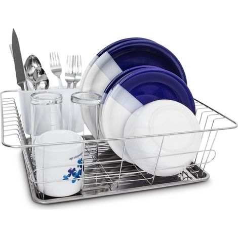Égouttoir à vaisselle et support pour couverts et bac -assiettes inox acier inoxydable, gris argenté - HxlxP : 39,5 x 30,3 x 12.5 cm (1/5)