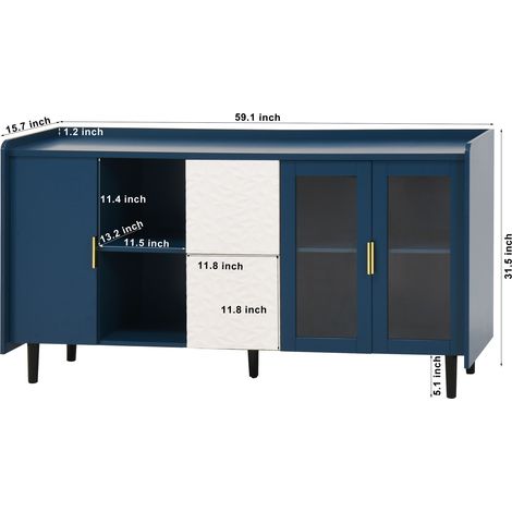 Meuble de rangement moderne pour cuisine, grand buffet de 55 pouces avec 2 tiroirs, 2 étagères ouvertes et 2 portes vitrées, armoire à café en bois pour salon et salle à manger, bleu (1/5)