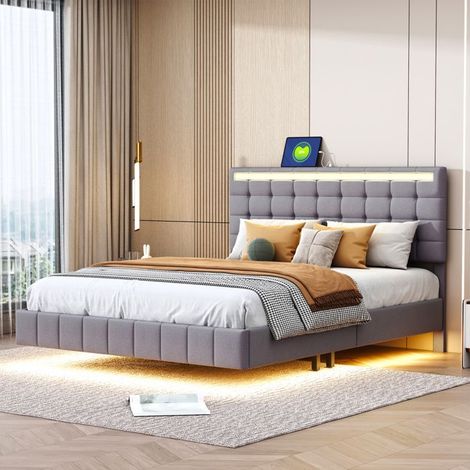 Lit 140x190 cm - NMONET - LED - USB - tessuto in lino - Stile moderno - cornice letto 140x190 cm - 140 x 190 cm - grigio