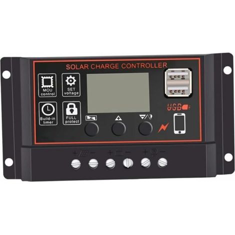 Ahlsen Schwarz 10A Solarpanel Solarladeregler 12V/24V Solarpanel Batterie Intelligenter Regler mit LCD-Display USB-Anschluss