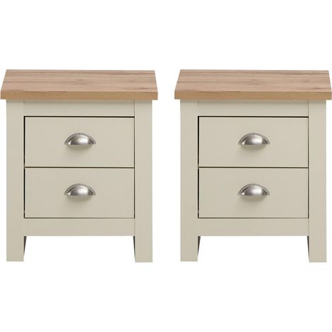 Modern 2 Drawer Bedside Table with Oak Effect Top Set of 2 in Cream (1/5)