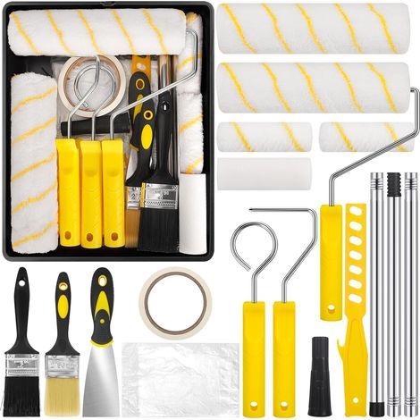 Kit de 19 piezas que contiene rodillos de pintura, bandejas de pintura, soportes para rodillos, brochas, cinta de enmascarar, forro protector, agitador y espátula para pintar y renovar paredes. (1/5)