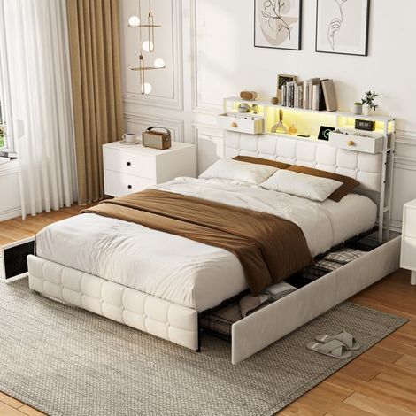 Letto matrimoniale 140x200 - Velluto beige - 6 cassetti - Testiera LED USB/Type-C - Rete a doghe