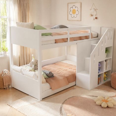 DESMIU Lit superposé enfant 90 × 200 cm avec escalier de rangement et garde-corps, sans matelas, en bois massif, blanc (1/5)