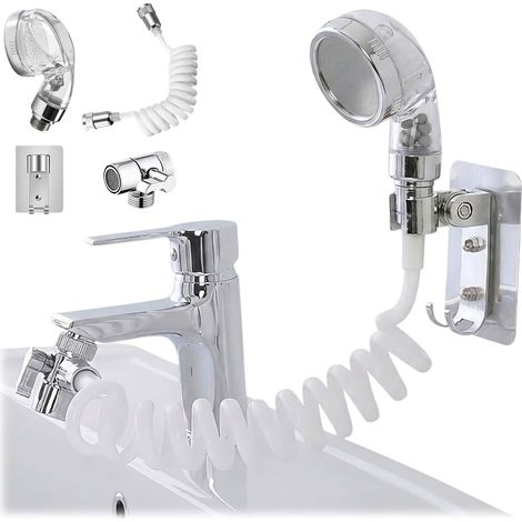 Ensemble de douchette, flexible télescopique de 3 mètres + vanne de dérivation + kit d'accessoires, lavabo salle de bain, Douchette pour Lavabo, Pommeau de douche pour lavabo (1/5)