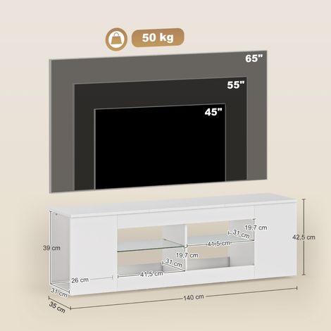 Support TV longueur 140 cm commode six niches deux étagères verre panneau particules blanc (1/4)