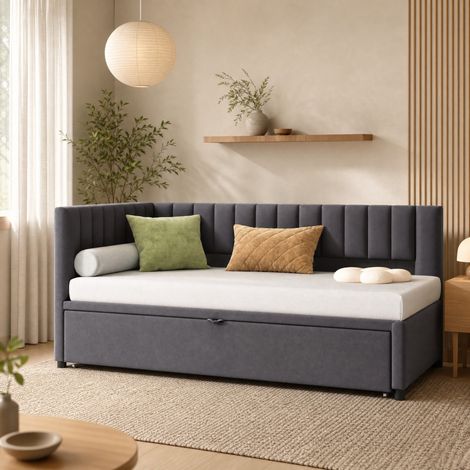 Sofá cama nido en L 90x200 cm de terciopelo gris, extensible 180x200 cm FloraGrace (1/5)