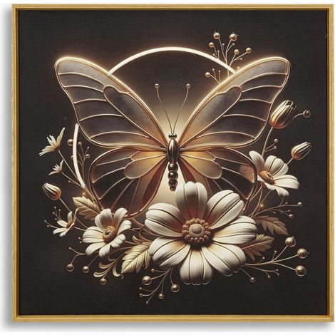 Stampa con LED su tela laccata Butterfly farfalla dorata quadrata con cornice oro