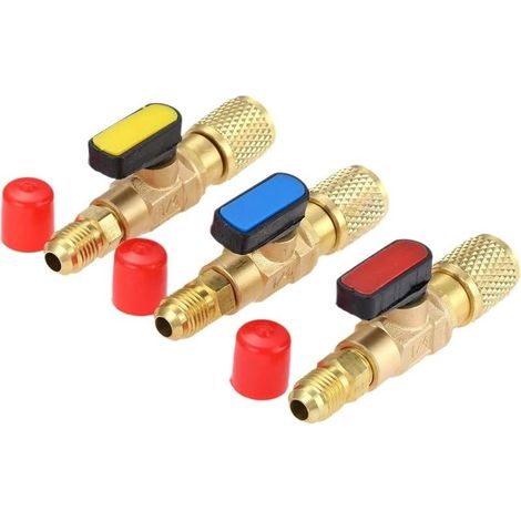 Ensemble de 3 adaptateurs compacts pour vannes à bille SAE 1/4" compatibles avec les fluides frigorigènes R410A, R134A, R12 et R22 (y compris la conversion R12/R22/R134A). (1/5)