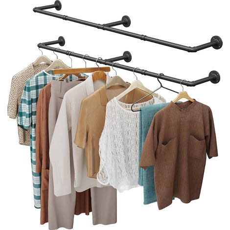 Lot de 2 Portant à Vêtements Industriel, Tringle à Vêtements Murale 167cm, Barre de Tuyau de Rail de Suspension Murale pour Chambre à Coucher en Métal Noir, Base 3 (1/5)