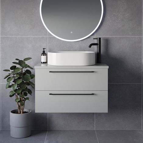 Napoli 390 Gloss Grey Pearl 800mm Wall Mounted 2 Drawer Vanity Unit for Countertop Basins - 800mm - Matt Black 480mm Handle