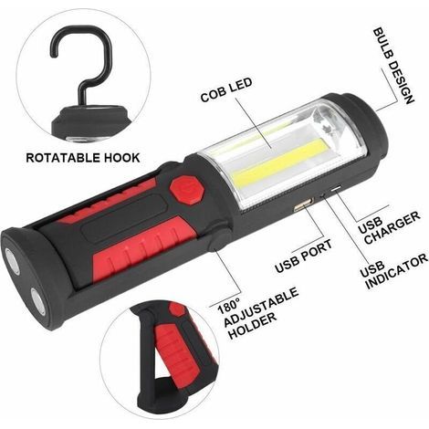 Wiederaufladbare LED-Taschenlampe mit USB-Anschluss und Magnetfuß, 500 lm, 3 W LED-Lampe für Auto, Garage, Werkstatt, Camping, Heimwerken (Rot) (1/5)