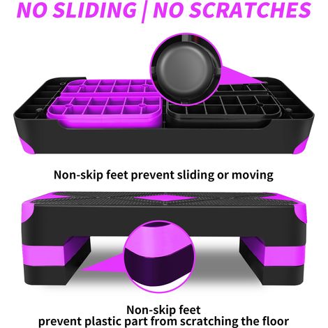 Stepper aérobie violet 68,5cm/27 » équipé de rehausseurs de hauteur modulables. Idéal pour l’entraînement cardio et les exercices quotidiens chez soi. (1/5)