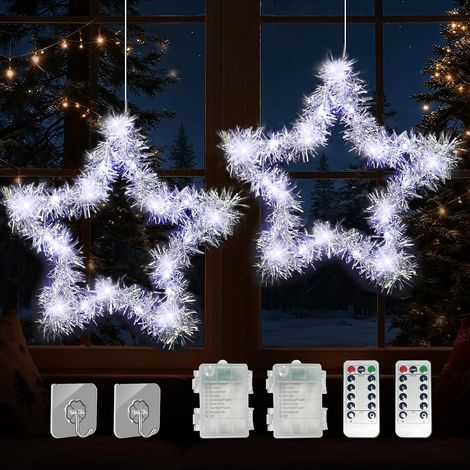 Rideau Lumineux Noel Decoration Exterieur,2 Pièces Etoile Lumineuse Fenêtre Noël,20LED Guirlande Lumineuse Noel A Pile,Led Rideau Lumineux Interieur For Fenetre Avec Minuteur (Sliver) (1/5)