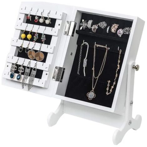 Armoire à Bijoux avec Miroir, Organisateur de bijoux sur pieds, Verrouillable, Avec miroir inclinable, Blanc (1/5)