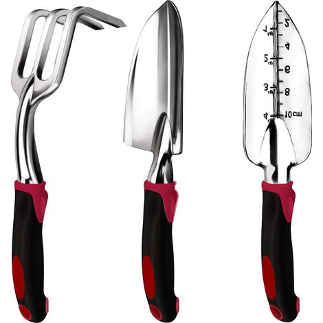 Ensemble d'outils de jardin, coffret cadeau de jardinage de 3 outils à main en acier inoxydable comprenant une bêche, une bêche à repiquer et un râteau cultivateur.