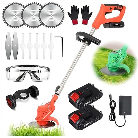 Coupe Bordure jardin sans Fil avec 2 batteries rechargeable 3 type de lames longueur télescopique Orange