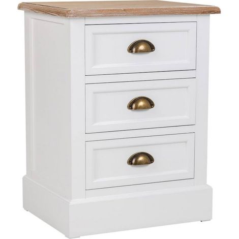 Table de chevet blanche bois et zinc avec trois tiroirs élégants - Blanc avec plateau bois naturel (1/5)