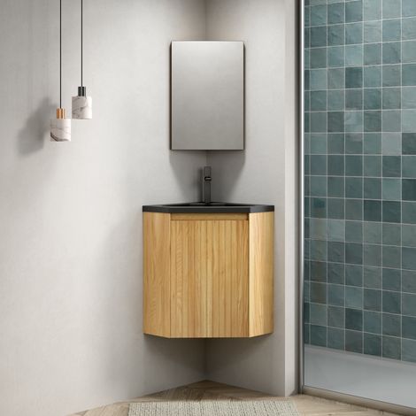 Mueble de baño de esquina mural con lavabo de resina negra, natural DESVIAE (1/5)