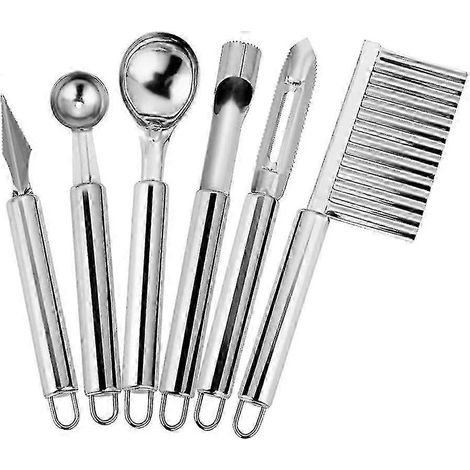 Ensemble de 6 ustensiles à fruits, couteau à découper les fruits, vide-pomme, coupe-pastèque en boules, éplucheur, couteau à pommes de terre ondulé, ustensiles à fruits en acier inoxydable, cuisine (1/5)