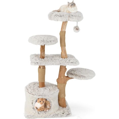 Albero per gatti XXL 135 cm, Albero con gatto in legno massello, 4 piattaforme, 3 tiragraffi in juta, Legno di pero, Tessuto peluche, 60x45x135 cm (1/5)