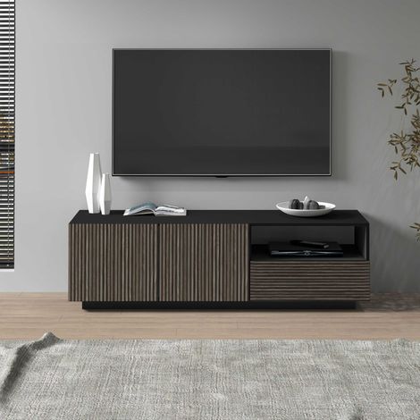 WHOUS Mobile porta tv Coste a 2 ante 1 cassetto e 1 vano antracite/legno scuro 150x43x46 cm (1/5)