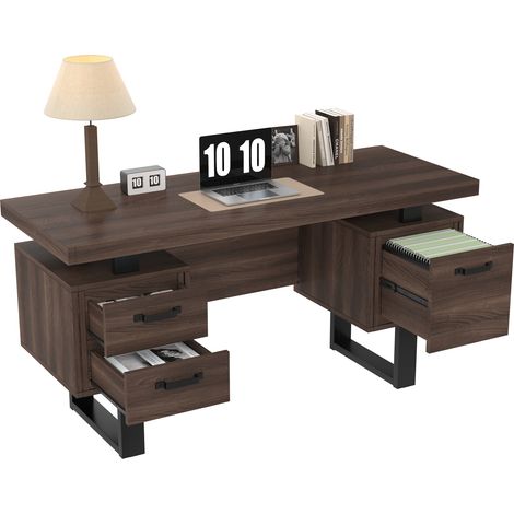 Bureau 135 x 54 cm avec deux tiroirs silencieux et range-dossiers, plateau en MDF, structure métal, style moderne brun noir, idéal pour bureau à domicile  CHICFURN (1/5)