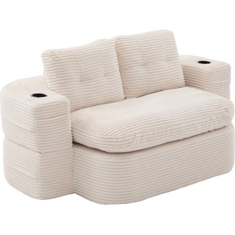 Fauteuil 2-en-1 en velours côtelé avec fonction lit, accoudoirs réglables, porte-gobelets doubles, dossier haut et assise extra profonde beige (1/5)