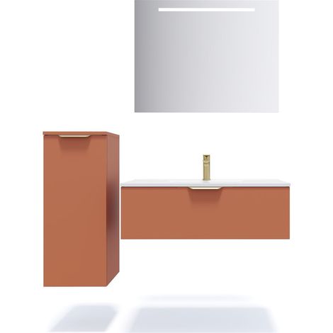 Meuble de salle de bain suspendu vasque intégrée 90cm 1 tiroir Terracotta + miroir + colonne ouverture gauche - Venice (1/5)