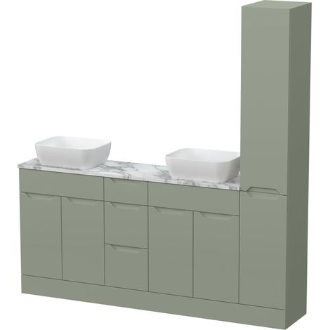 Teddesley Floor Standing 4 Door 3 Drawer Vanity Unit with Tall Unit, Worktop, Countertop Vessel, 1800mm, Pebble Grey