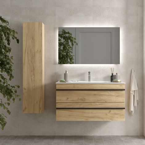 Meuble de salle de bain BORN 100cm Chêne Vasque Porcelaine (1/5)