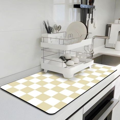 [JAMAIS UTILISÉ] Tapis de séchage de vaisselle de cuisine, tapis à café à carreaux, tapis absorbant, jaune
