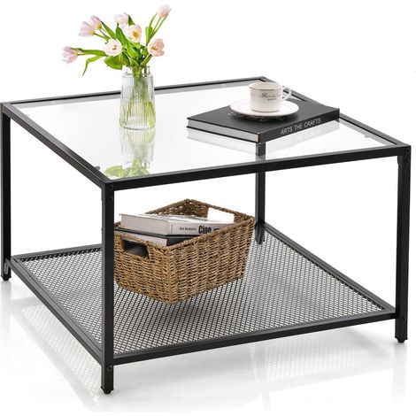 Modern Glass Top Coffee Table Home Square Center Table Accent Sofa Side Table (1/5)