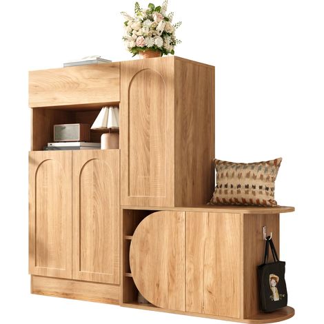 CHICFURN Zapatero con banco de entrada y almacenaje, 5 puertas, 1 cajón y hueco abierto, mueble recibidor de MDF en madera clara, 130x35x110,5 cm (1/5)