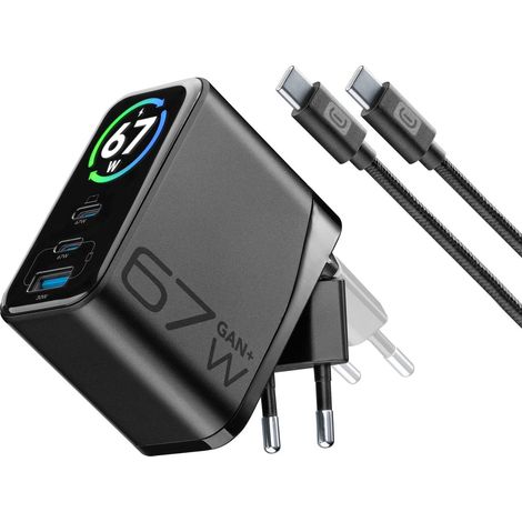 Cellularline PowerView IQ Kit ACH 67W Kit chargeur secteur 67W avec écran TFT intelligent, fiche pliable et technologie GaN+. Inclut un câble USB-C de 150 cm pour une recharge immédiate et complète.