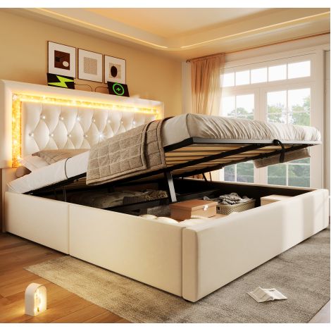 Letto contenitore 160x200 con materasso, LED, USB e USB-C, velluto beige HAVRYA (1/5)