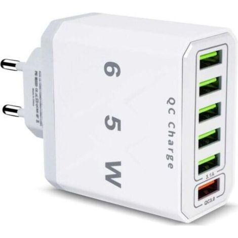 Cargador multi-USB, cargador rápido USB de 6 puertos y 65 W con QC 3.0, cargador rápido inteligente, adaptador de corriente USB-A universal para 15 Pro Max, 14 Plus, 13, 12, 11, SE, XR, iPad, Samsung