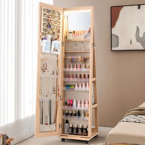 Gagnez de la place avec cette armoire à bijoux sur pied 3 en 1, miroir pleine longueur, LED et roulettes (1/4)
