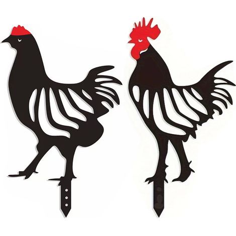 [Decoración de jardín de hierro] Gallo + Gallina – 2 siluetas creativas de metal para adornos de jardín perforados (1/5)