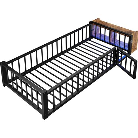 Cama infantil de metal 90 x 200 cm con barandilla, almacenamiento abierto y LED, negra (1/5)