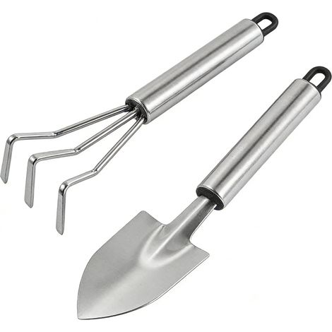 Set de 2 outils de jardin en acier inoxydable : pelle et râteau miniatures (1/5)