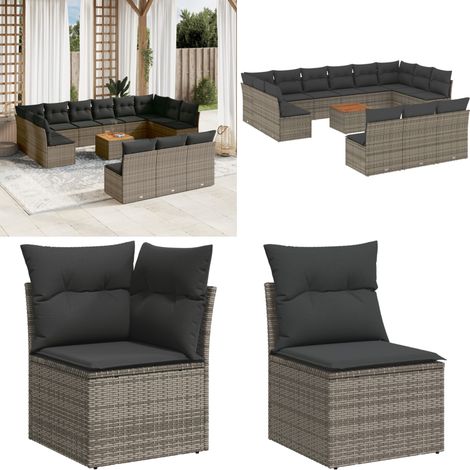 14-tlg. Garten-Sofagarnitur mit Kissen Grau Poly Rattan - Gartenmöbel Set - Outdoor Möbel - Rattan Sofa - Lounge Set - Esstisch - Home & Living (1/5)