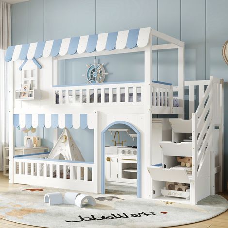 Lit mezzanine enfant 90x200 cm avec escalier de rangement, barrières de sécurité, sommier à lattes, fenêtres décoratives, blanc et bleu (1/5)