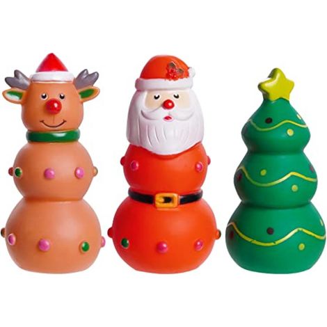 Lot de 3 jouets à mâcher de Noël pour chiens - Jouets interactifs en latex qui couinent, avec des motifs de rennes, de Père Noël et de sapins de Noël. Idéal pour les chiots et les animaux de compagnie